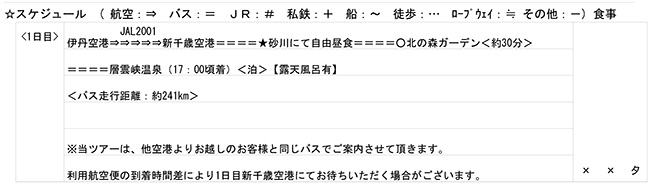 北海道3泊4日ツアーの最終日程表 1日目